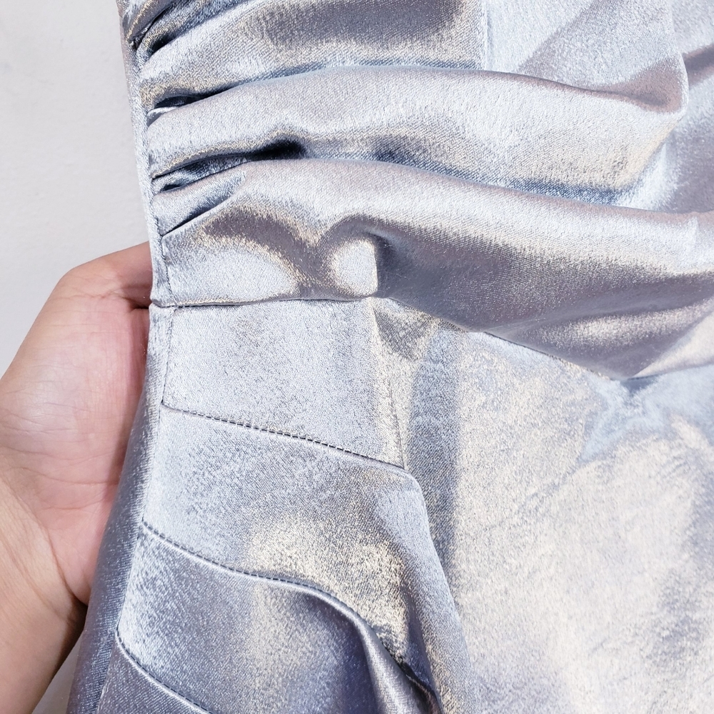 $299 NWT ADRIANNA PAPELL Women's Silver Maxi Dress 4 SMALL Mesh Beaded Ruched - Picture 9 of 12